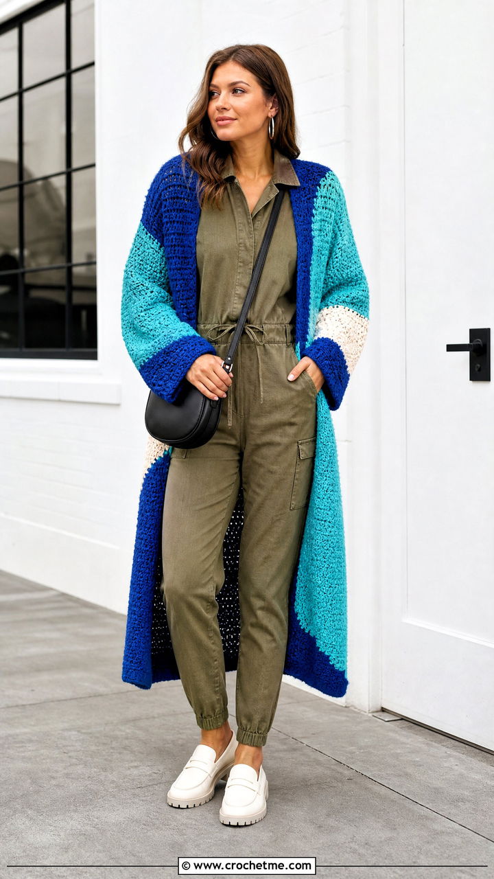 Color Block Crochet Long Cardigan With Utility Jumpsuit - 35 crochet long cardigan outfit ideas