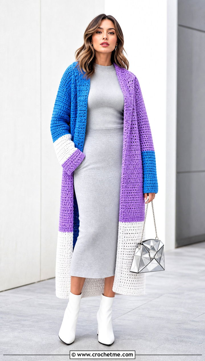 Color Block Crochet Long Coat With Knit Set - 35 crochet long coat outfit ideas