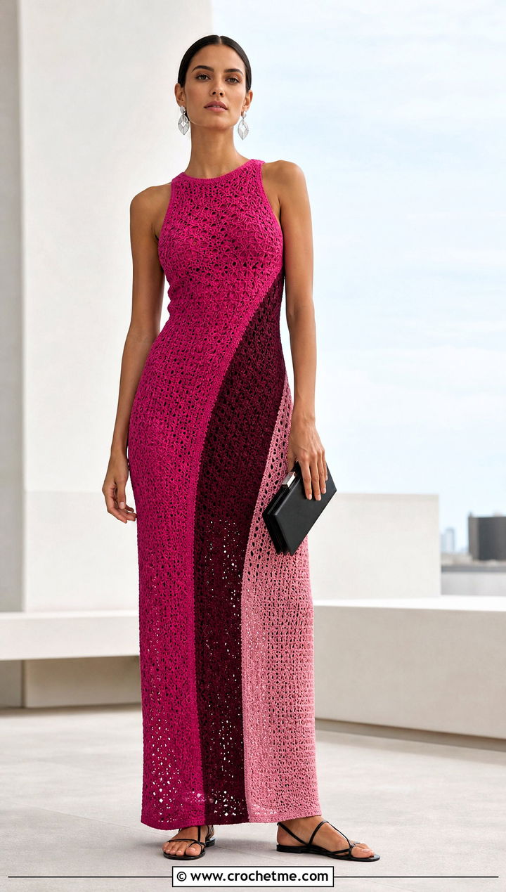 Color Block Crochet Long Dress With Minimal Sandals - 25 Crochet Long Dresses outfit ideas