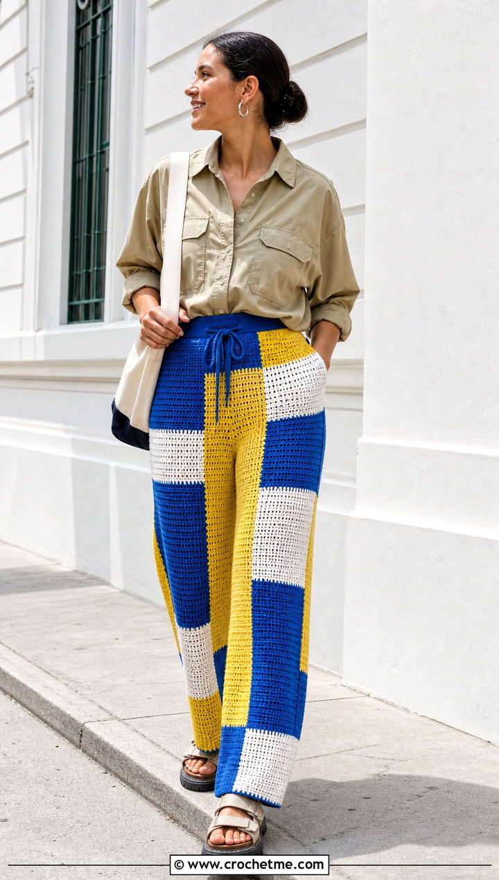Color Block Crochet Long Pants With Utility Shirt - 30 Crochet Long Pants outfit ideas