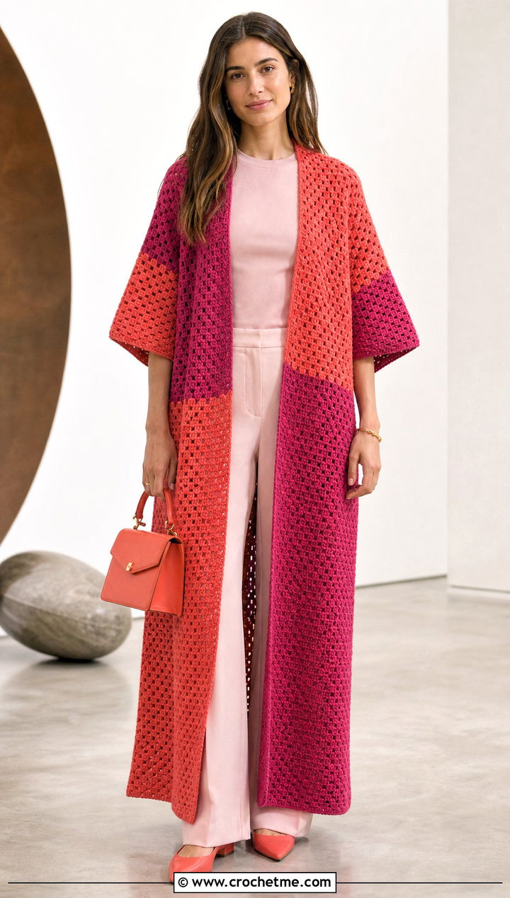 Color Block Crochet Long Poncho With Monochrome Basics - 15 Crochet Long Poncho outfit ideas