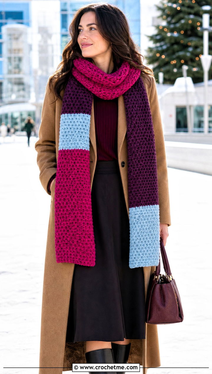 Color Block Crochet Long Scarf With Wool Coat And Midi Skirt - 25 Crochet Long Scarf outfit ideas