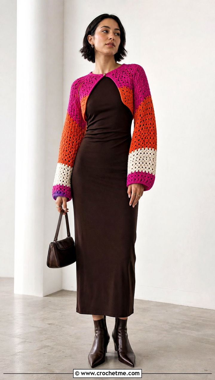 Color Block Crochet Long Sleeve Shrug With Column Dress - 30 crochet long sleeve shrug outfit ideas