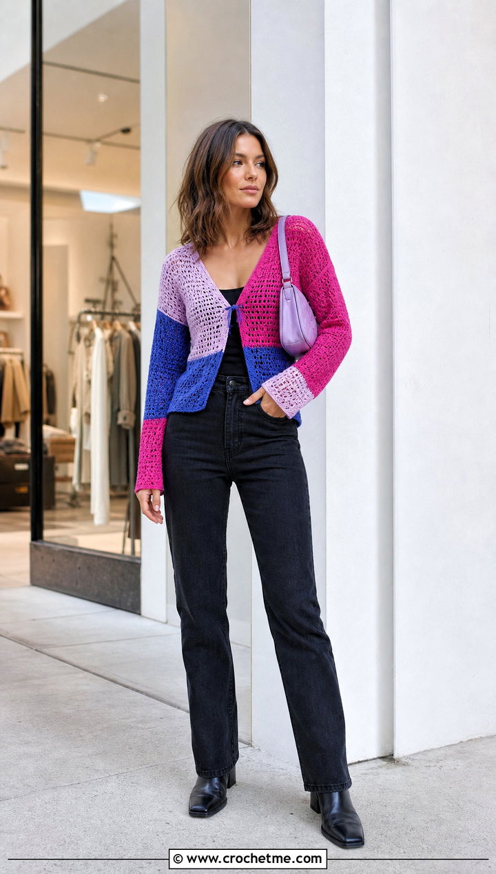Color Block Crochet Long Sleeve Top With Black Jeans - 25 Easy Crochet Long Sleeve Top outfit ideas