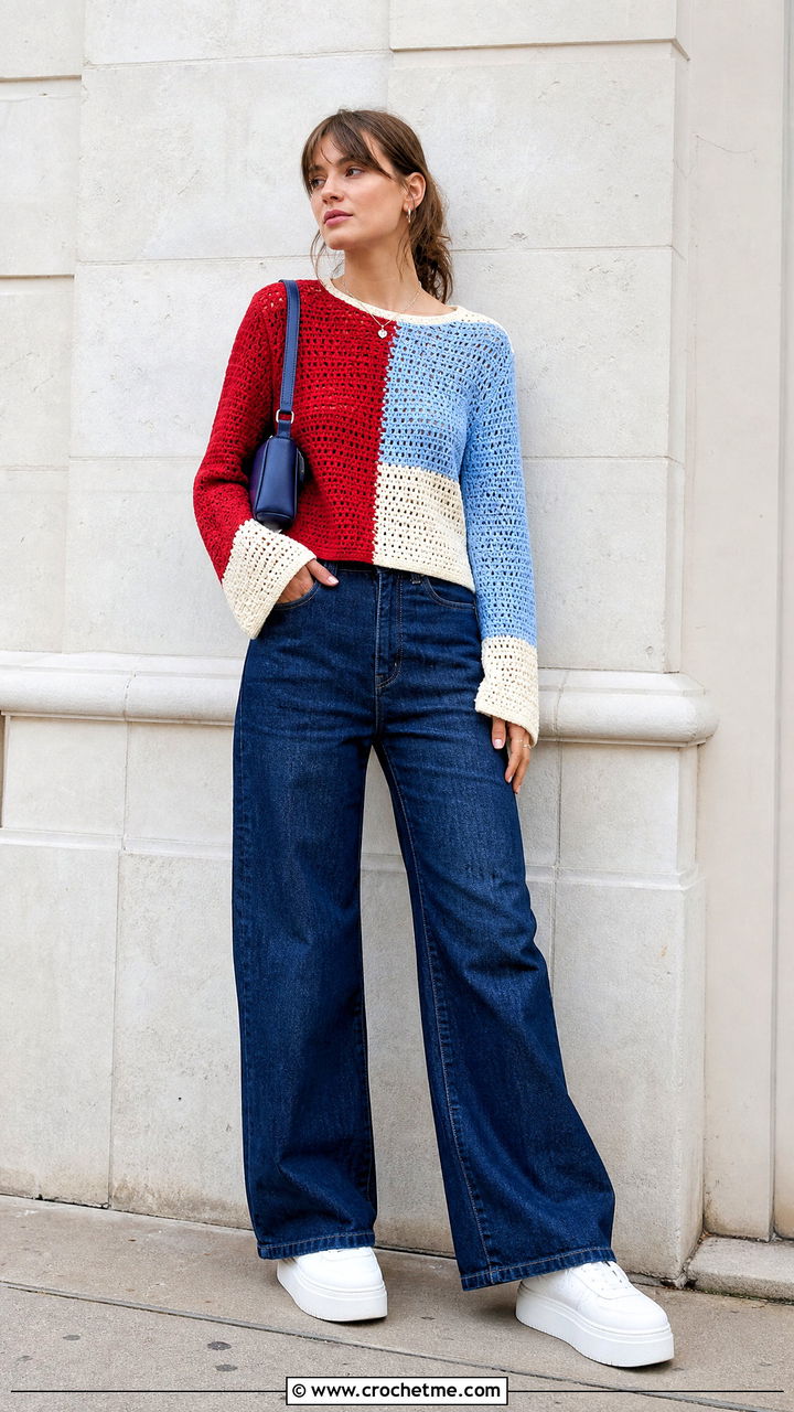 Color Block Crochet Long Sleeve Top With Wide Leg Jeans - 35 crochet long sleeve top outfit ideas