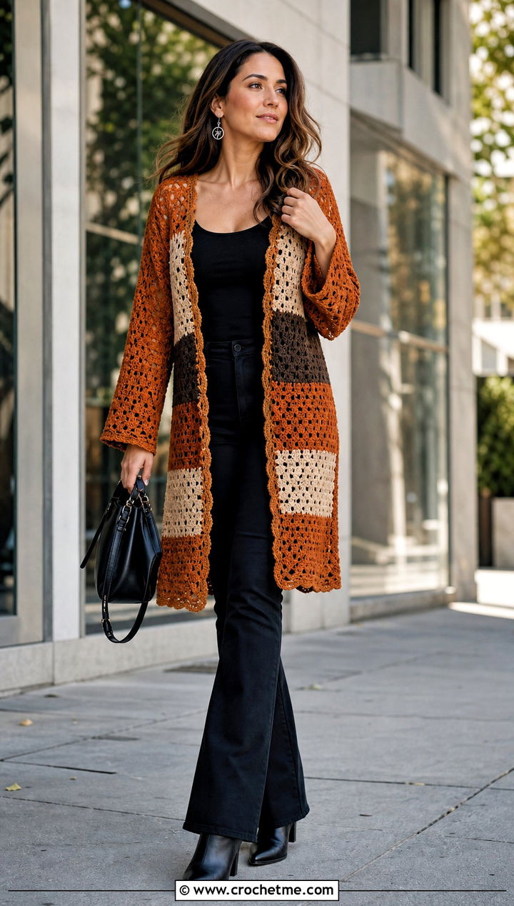 Color Block Crochet Long Sleeve Tunic With Black Denim - 15 Crochet Long Sleeve Tunic outfit ideas