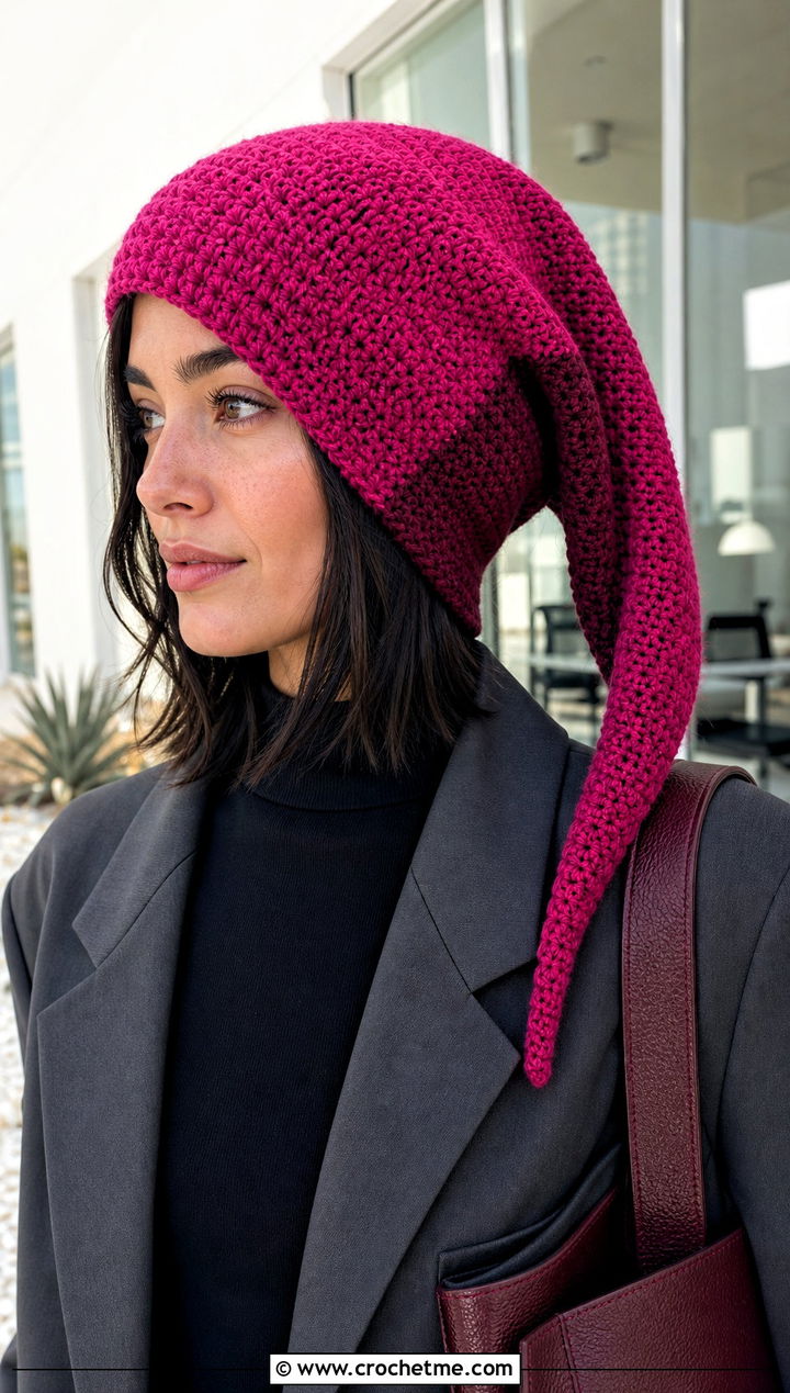 Color Block Crochet Long Stocking Cap With Blazer - 20 Crochet Long Stocking Cap outfit ideas