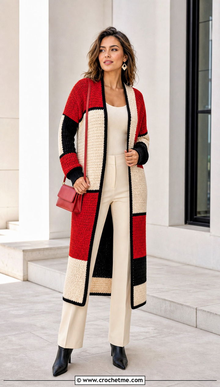 Color Block Crochet Long Sweater With Column Outfit - 35 crochet long sweater outfit ideas