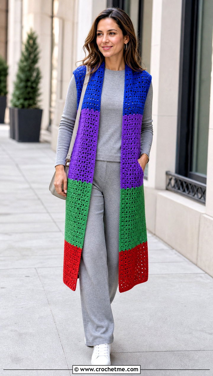Color Block Crochet Long Vest With A Monochrome Outfit - 25 Easy Crochet Long Vest outfit ideas