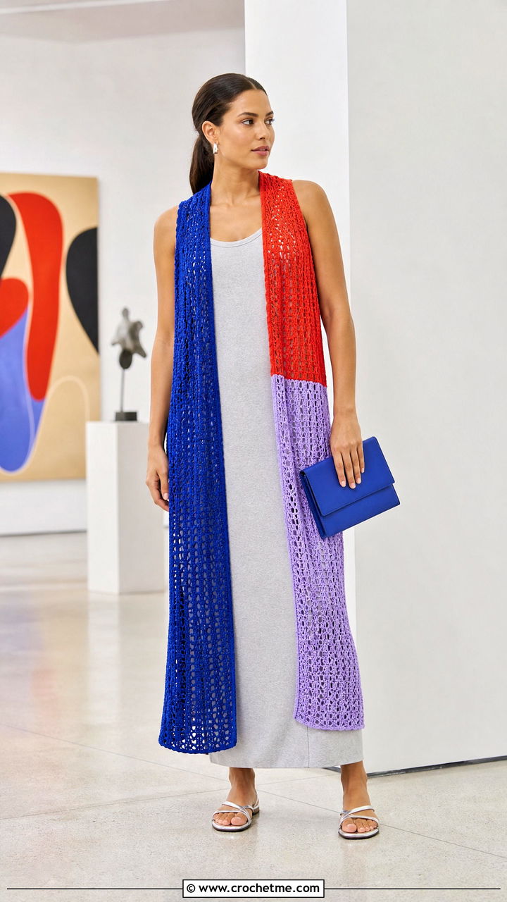 Color Block Crochet Long Vest With Column Dress - 35 Crochet Long Vest outfit ideas