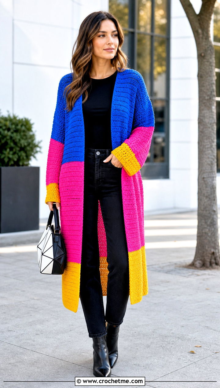 Color Block Crochet Longline Cardigan With Black Basics - 20 Crochet Longline Cardigan outfit ideas