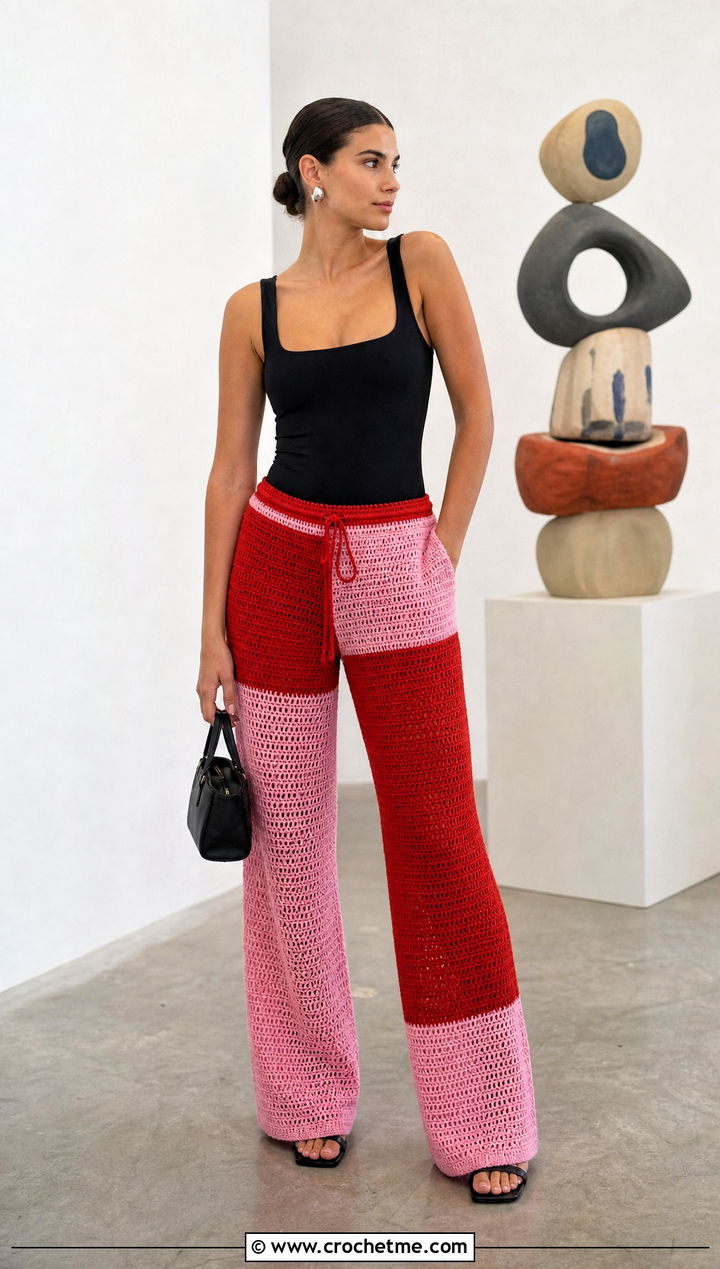 Color Block Crochet Lounge Pants With A Black Bodysuit - 30 crochet lounge pants outfit ideas
