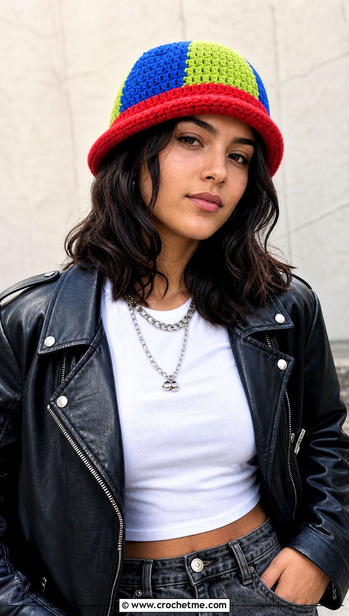 Color Block Crochet Luffy Hat With Leather Jacket - 15 Crochet Luffy One Piece Hat outfit ideas