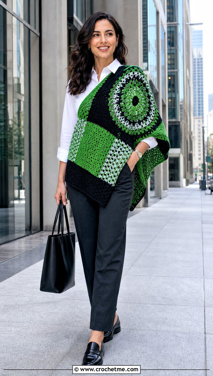 Color Block Crochet Mandala Shawl With White Shirt - 25 Crochet Mandala Shawl outfit ideas