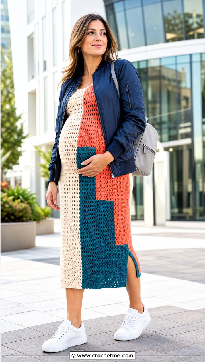Color Block Crochet Maternity Midi Dress With Bomber Jacket - 25 crochet maternity dress outfit ideas