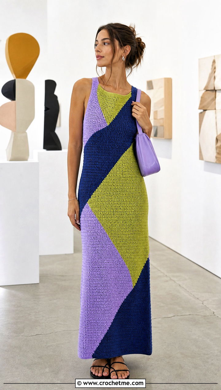 Color Block Crochet Maxi Dress With Minimal Sandals - 25 Easy Crochet Summer Dress outfit ideas