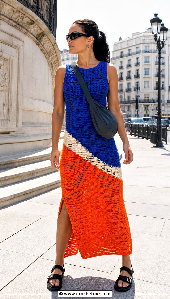Color Block Crochet Maxi Dress With Sporty Sandals - 30 women crochet summer dress outfit ideas