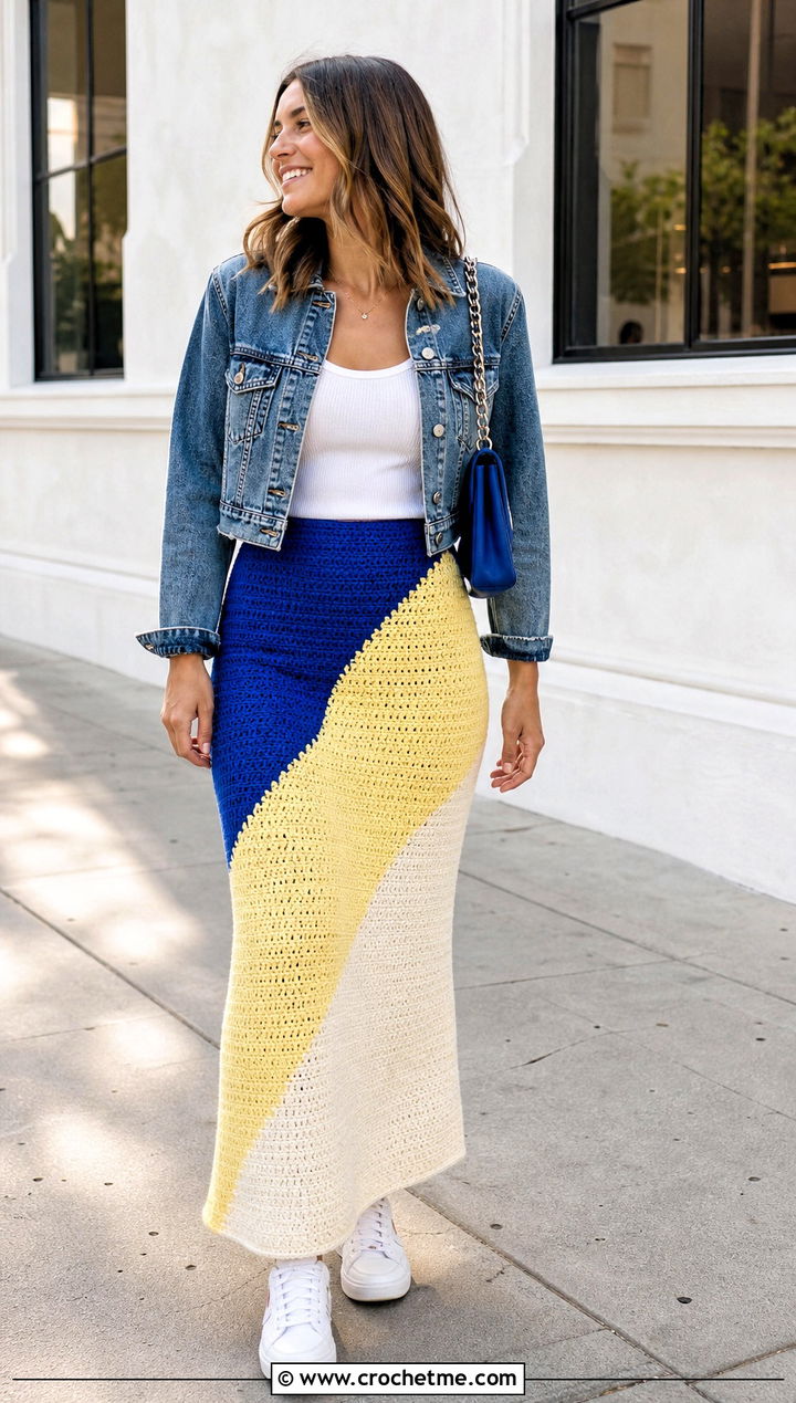 Color Block Crochet Maxi Skirt With Denim Jacket - 35 long crochet skirt outfit ideas