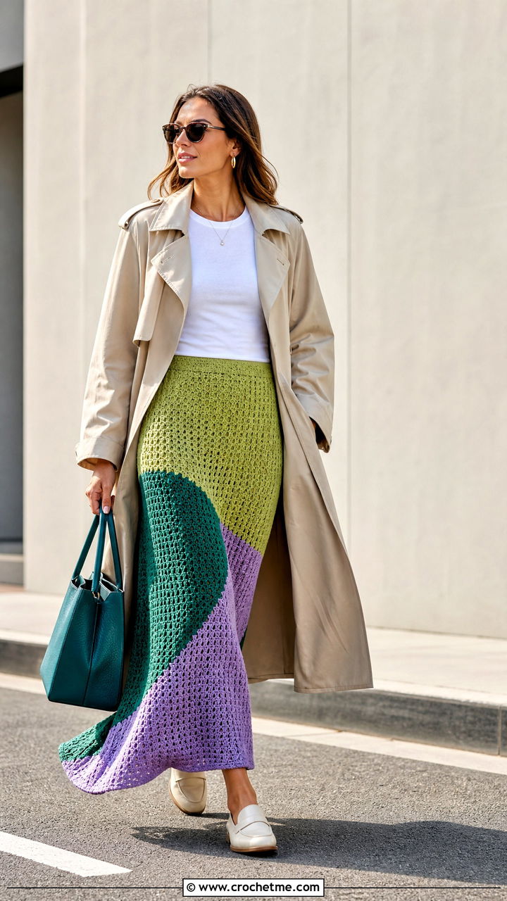 Color Block Crochet Maxi Skirt With Trench Coat - 35 crochet maxi skirt outfit ideas