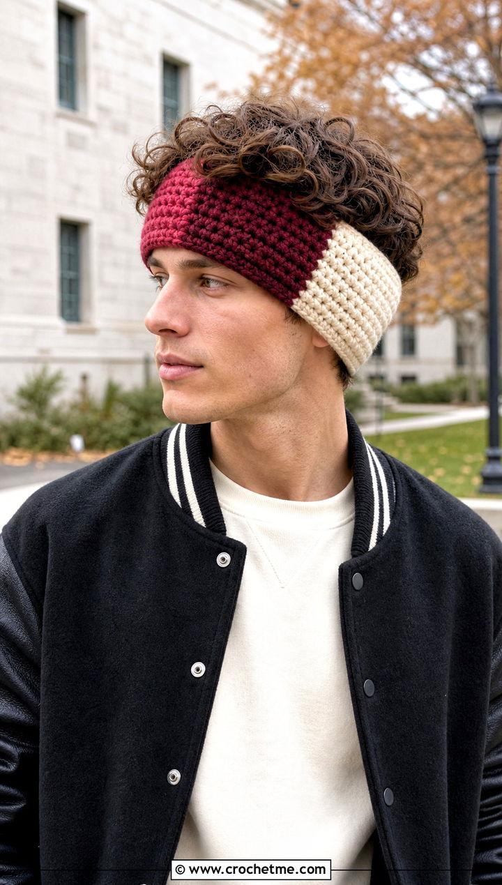 Color Block Crochet Mens Ear Warmer With Varsity Jacket - 25 Crochet Mens Ear Warmer outfit ideas