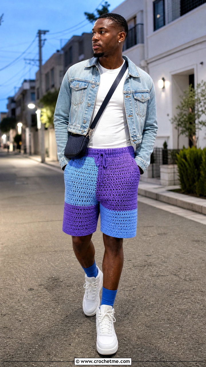 Color Block Crochet Mens Shorts With Denim Jacket - 35 Crochet Mens Shorts outfit ideas