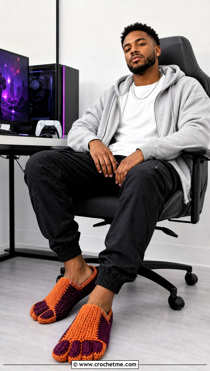 Color Block Crochet Mens Slippers With Cargo Pants - 15 Easy Crochet Mens Slippers outfit ideas