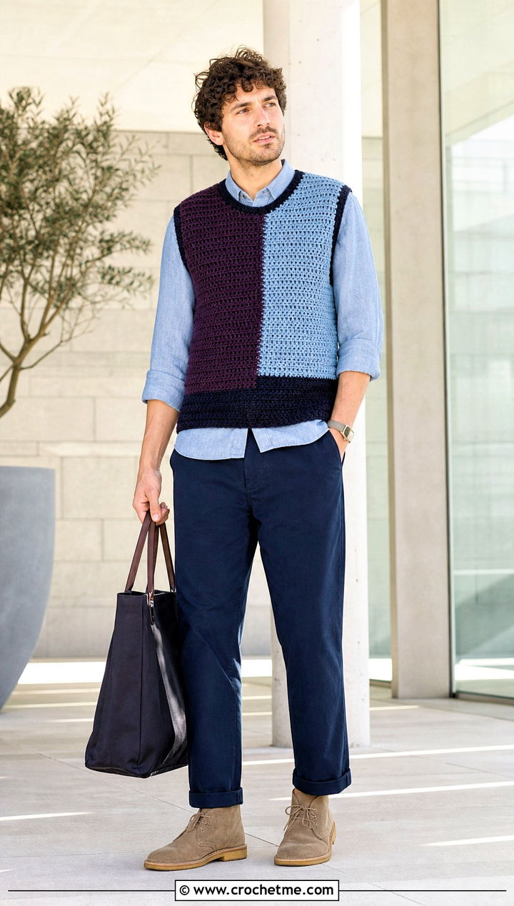 Color Block Crochet Mens Sweater Vest With Denim Shirt - 25 crochet mens sweater vest outfit ideas