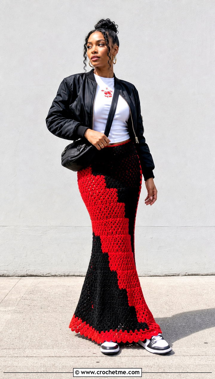 Color Block Crochet Mermaid Skirt With Graphic T Shirt - 35 crochet mermaid skirt outfit ideas