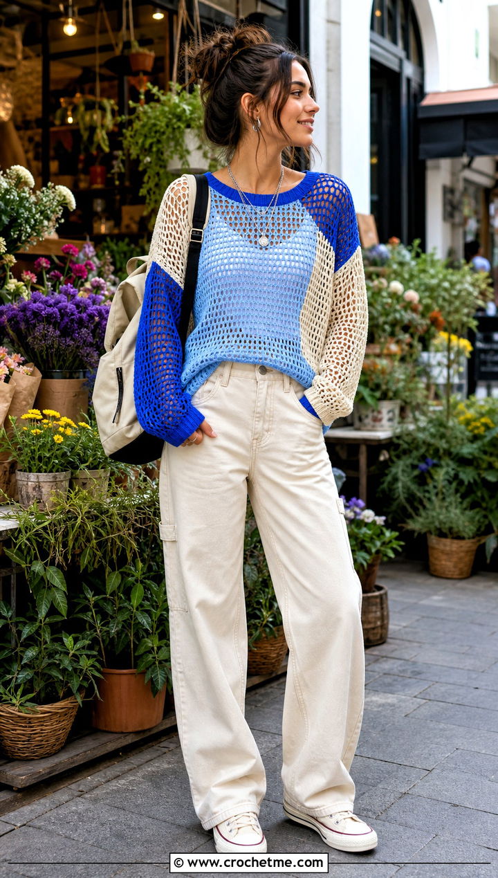 Color Block Crochet Mesh Jumper With Carpenter Jeans - 30 crochet mesh jumper outfit ideas