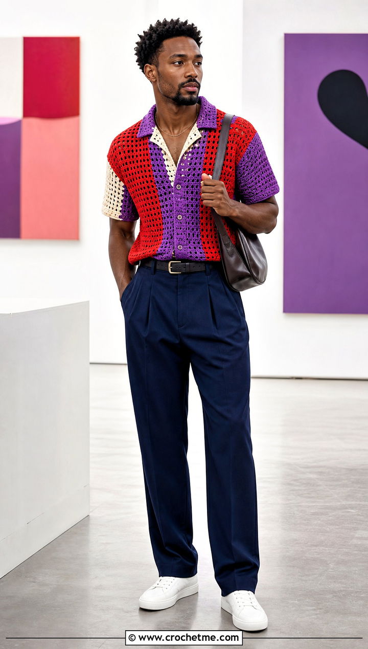 Color Block Crochet Mesh Shirt With Pleated Pants - 25 Men Crochet Mesh Shirt outfit ideas