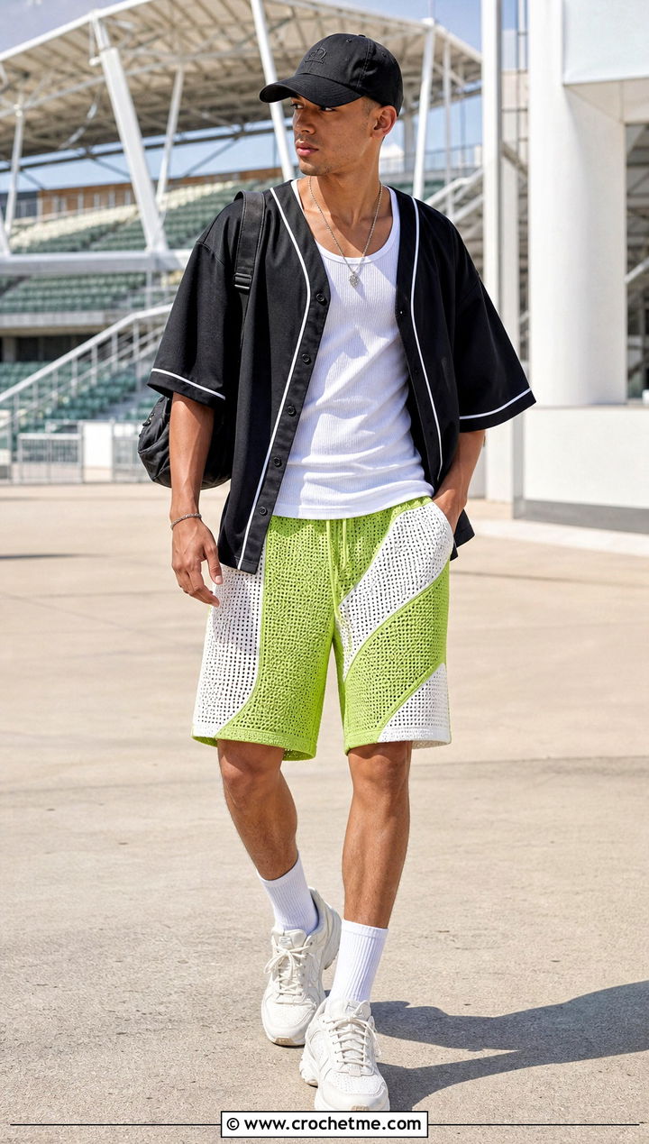 Color Block Crochet Mesh Shorts With Baseball Jersey - 35 crochet mesh shorts outfit ideas