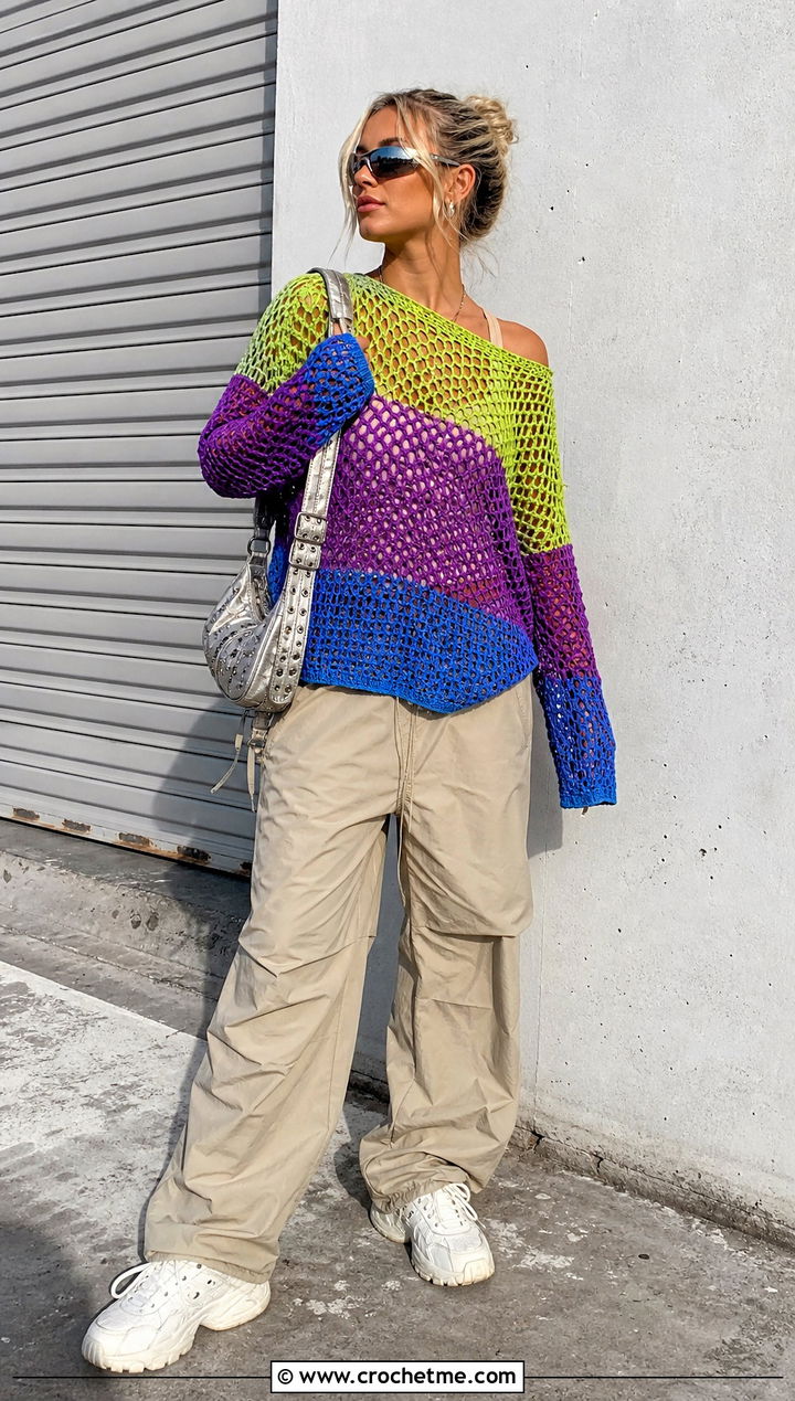 Color Block Crochet Mesh Sweater With Parachute Pants - 35 oversized crochet mesh sweater outfit ideas