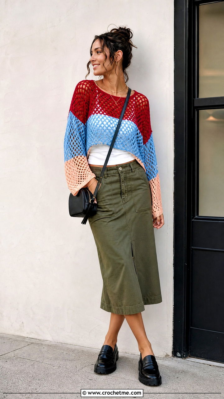 Color Block Crochet Mesh Sweater With Utility Skirt - 35 crochet mesh sweater outfit ideas