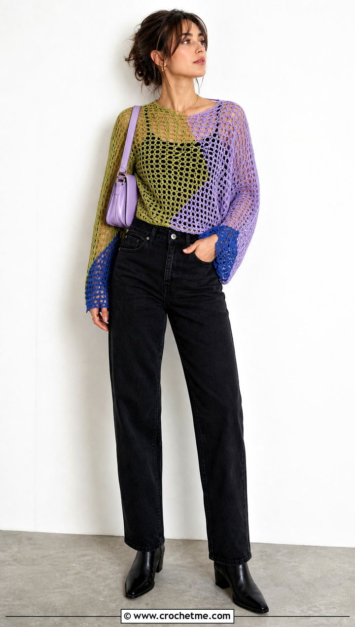 Color Block Crochet Mesh Top With Black Jeans - 25 Cute Crochet Mesh Top outfit ideas