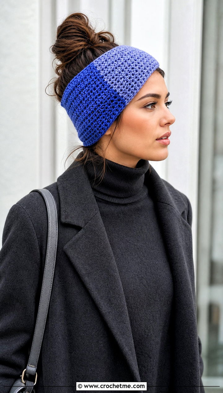 Color Block Crochet Messy Bun Ear Warmer With Monochrome Outfit - 20 Crochet Messy Bun Ear Warmer outfit ideas