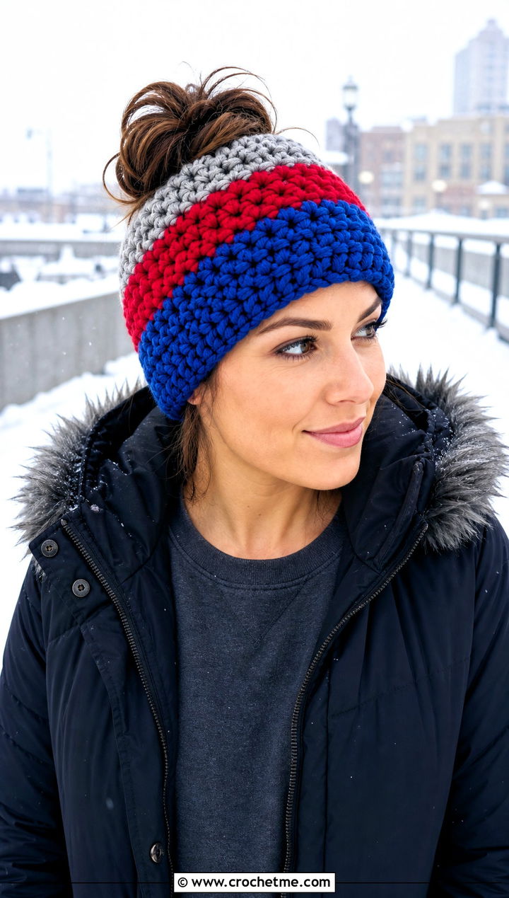 Color Block Crochet Messy Bun Hat With Parka - 15 Easy Crochet Messy Bun Hat outfit ideas