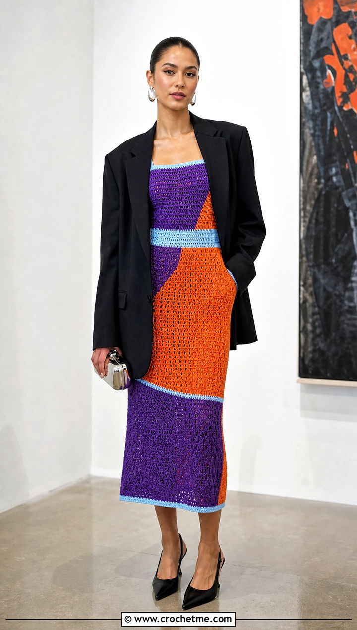 Color Block Crochet Midi Dress With Oversized Blazer - 15 colorful crochet clothing design outfit ideas
