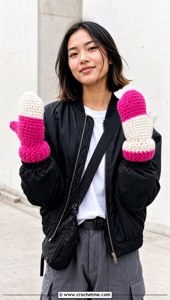 Color Block Crochet Mittens With Bomber Jacket And Cargo Pants - 25 Easy Crocheted Mittens outfit ideas