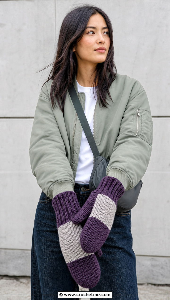 Color Block Crochet Mittens With Bomber Jacket and Denim - 25 Simple Crochet Mittens outfit ideas