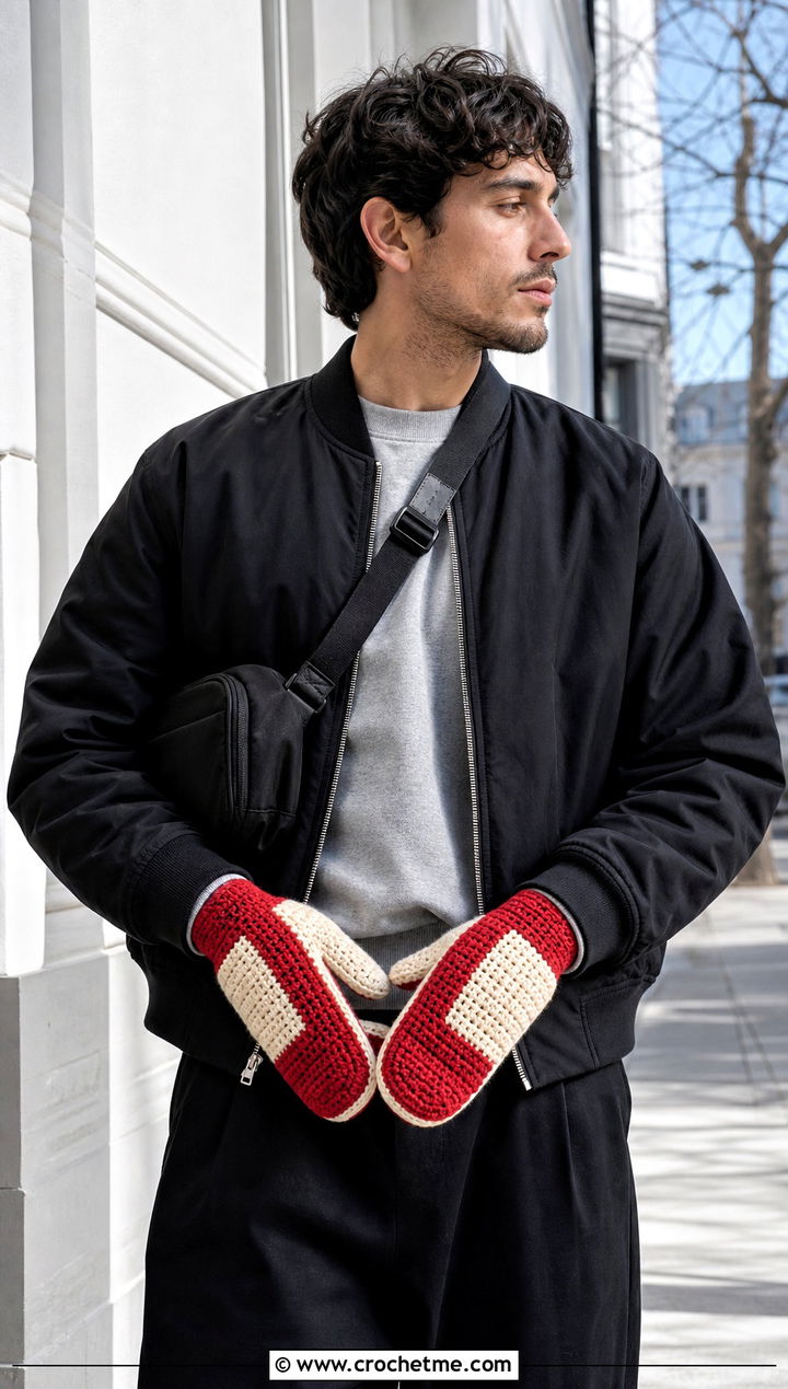 Color Block Crochet Mittens With Bomber Jacket - 25 Crochet Mens Mittens outfit ideas