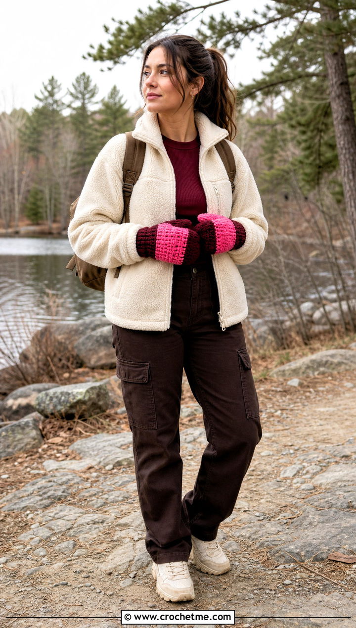 Color Block Crochet Mittens With Fleece Jacket - 35 easy crochet mittens outfit ideas