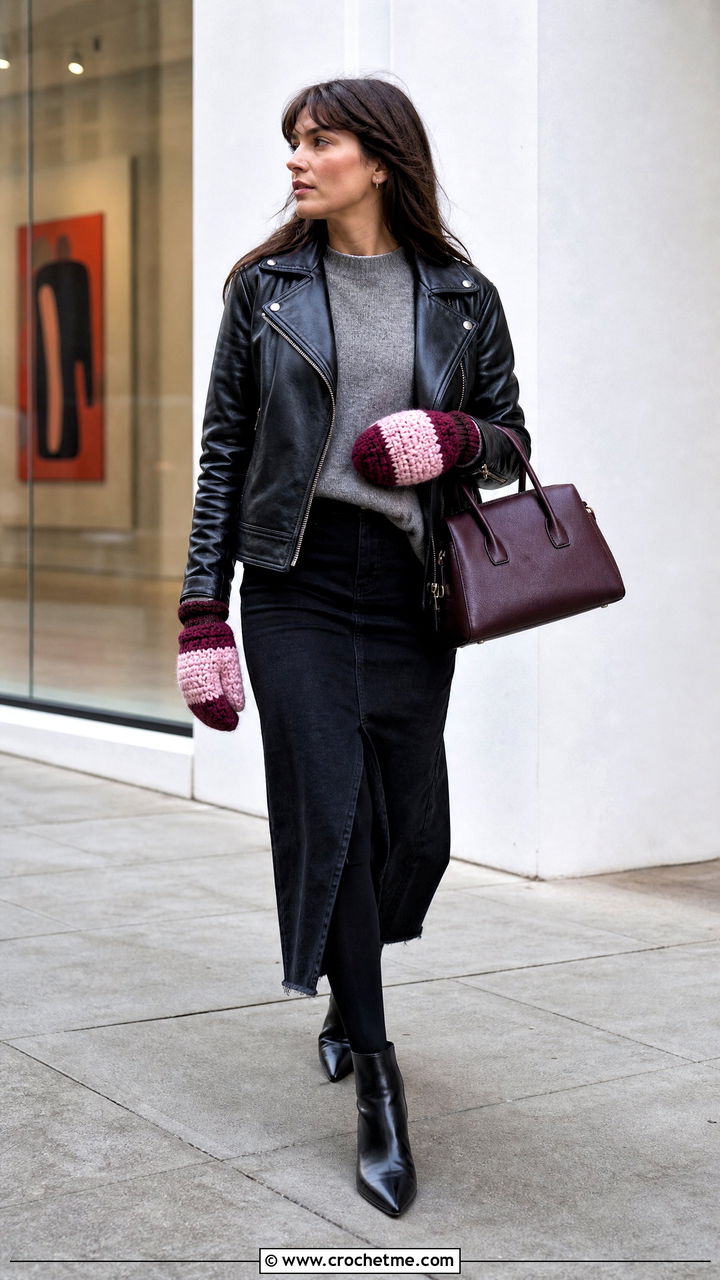 Color Block Crochet Mittens With Leather Jacket - 35 crochet mittens outfit ideas