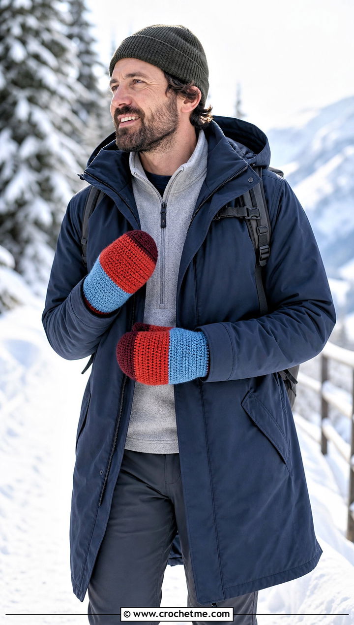 Color Block Crochet Mittens With Parka - 25 Crochet Mens Gloves outfit ideas