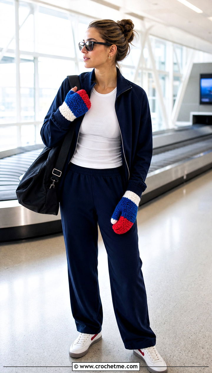 Color Block Crochet Mittens With Track Jacket - 30 crochet hand mittens outfit ideas