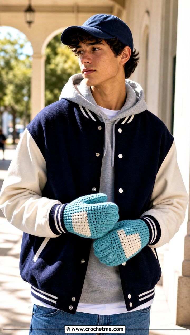Color Block Crochet Mittens With Varsity Jacket - 25 Mens Crochet Mittens outfit ideas