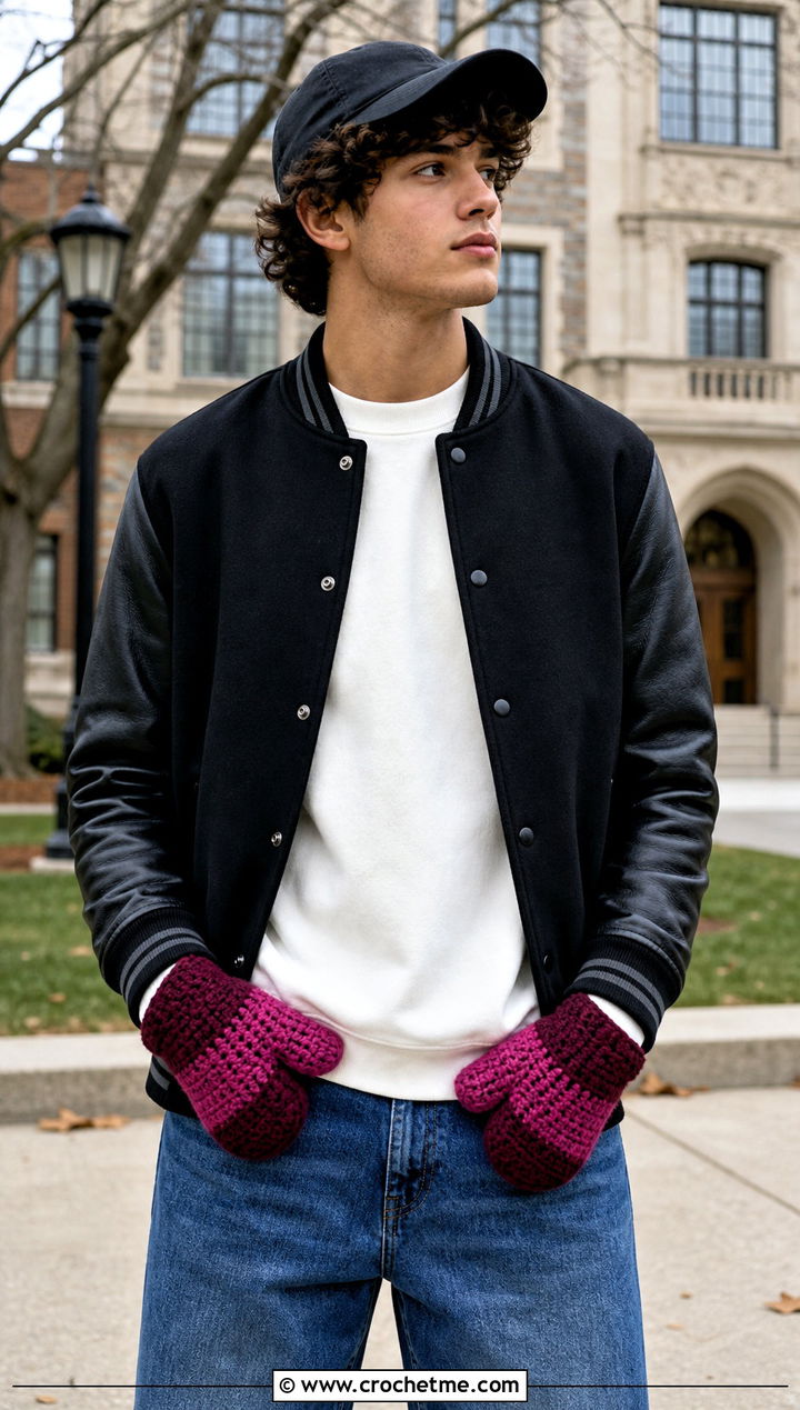 Color Block Crochet Mittens With Varsity Jacket - 25 crochet mittens for men outfit ideas