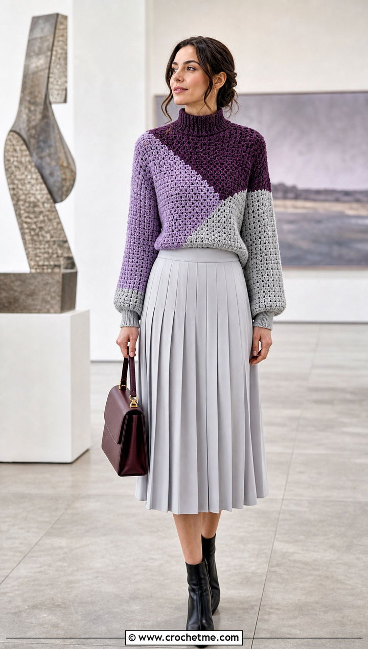 Color Block Crochet Mock Neck Sweater With Pleated Midi Skirt - 25 Crochet Mock Neck Sweater outfit ideas