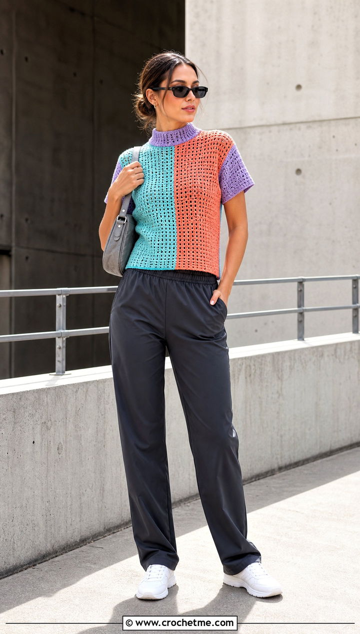 Color Block Crochet Mock Neck Top With Track Pants - 35 crochet mock neck top outfit ideas