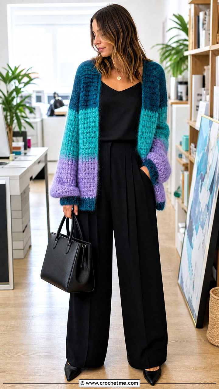 Color Block Crochet Mohair Cardigan With Black Trousers - 35 crochet mohair cardigan outfit ideas