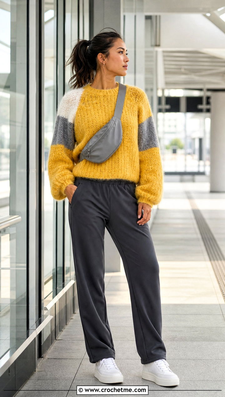 Color Block Crochet Mohair Raglan Sweater With Track Pants - 15 Crochet Mohair Raglan Sweater outfit ideas